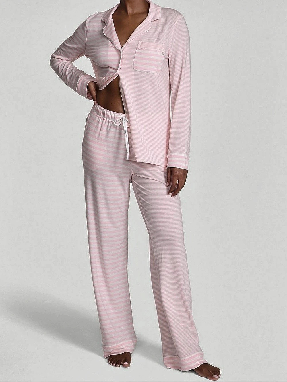 Victoria's Secret Modal Soft Long Pajama Set Pink & White Medium NWT